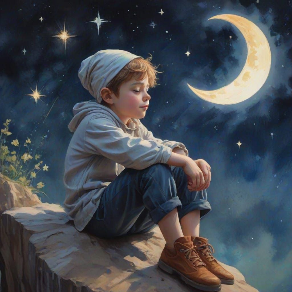 Boy in Nightcap Sits on New Moon with Celestial Bodies