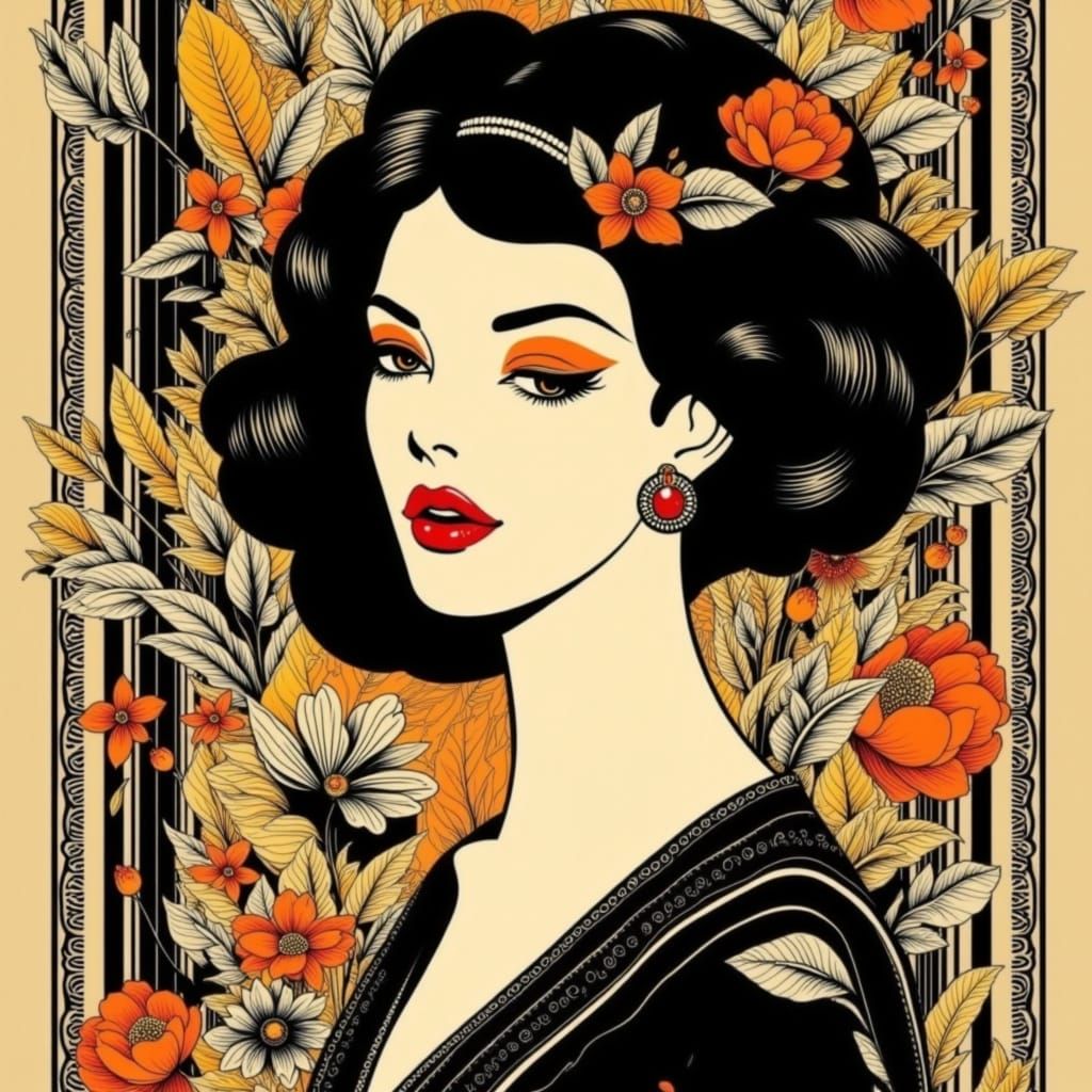Elegant Art Deco Woman in Bold Black and Cream Palette