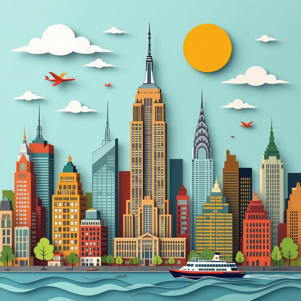 Paper Cutout New York Cityscape in Art Deco Style