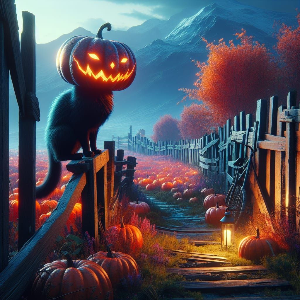 Whimsical Pumpcat Strolls Through Fantasy Pumpkin Patch