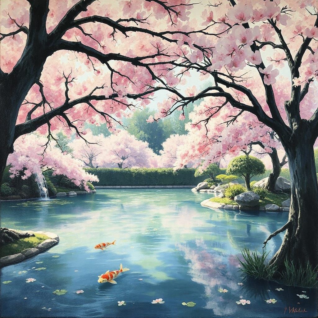 Tranquil Japanese Garden Pond Oil Painting
