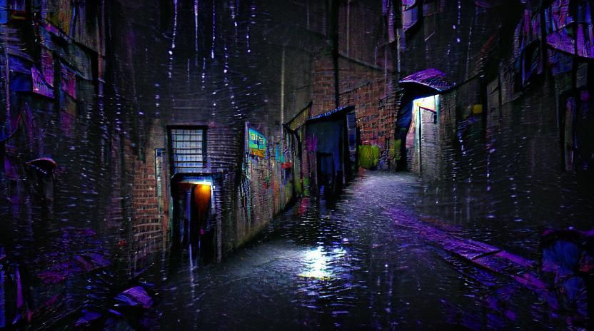 Night Rain Reflects in a Dark City Alleyway