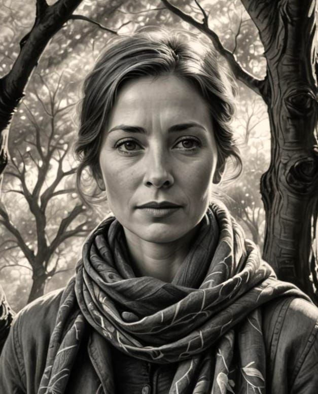 beautiful woman in scarf next to a tree. charcoal drawing