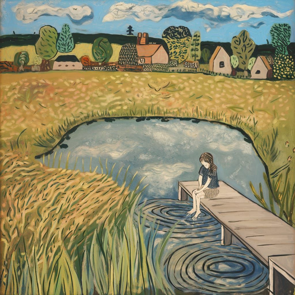 Girl on Dock in Field, Expressionist Style