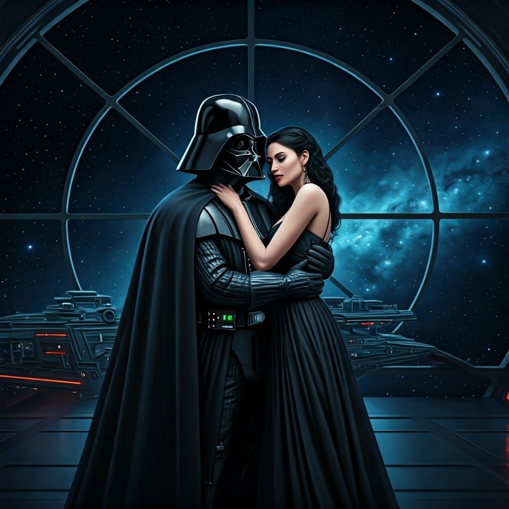 Darth Vader and Woman Embrace on Death Star