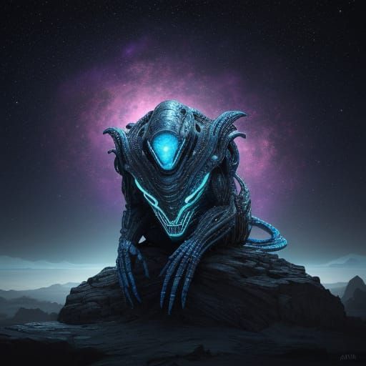 Mysterious Alien with Bioluminescent Glow in Cosmic Backgrou...