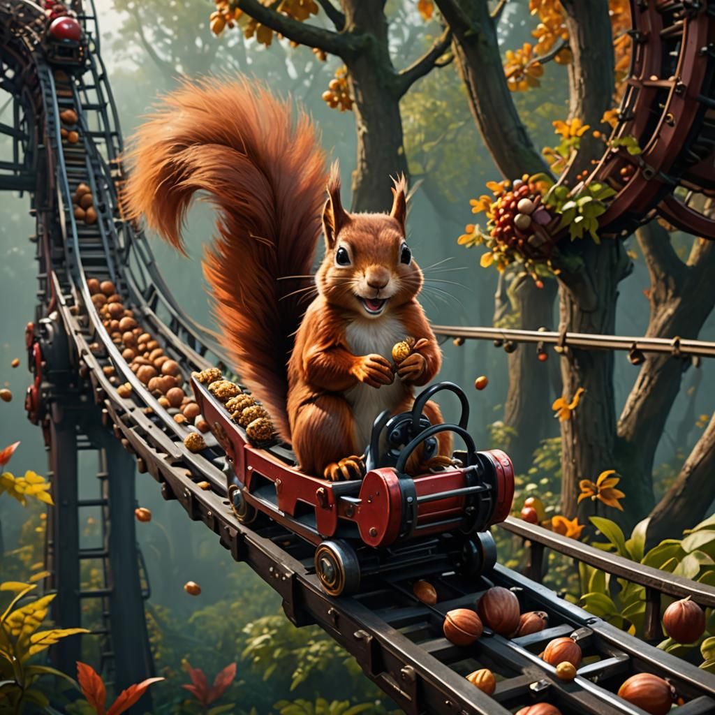 Squirrel Rides Rollercoaster: Detailed Fantasy Art
