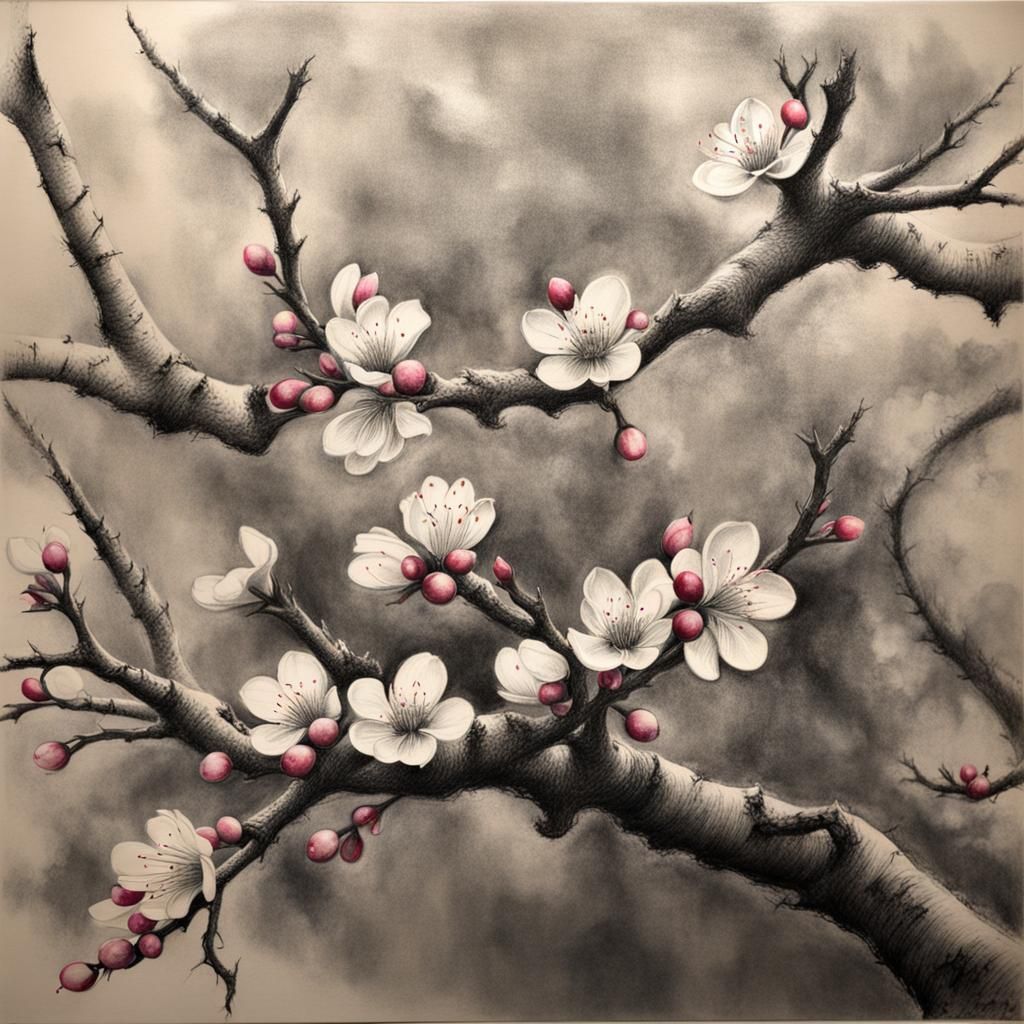 Hyperdetailed Charcoal Drawing of Plum Blossoms