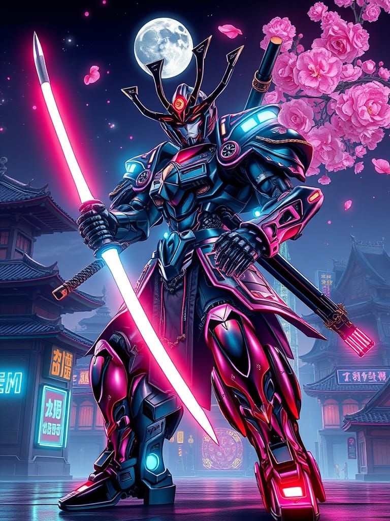 Cyberpunk Samurai Robot Warrior in Futuristic Tokyo