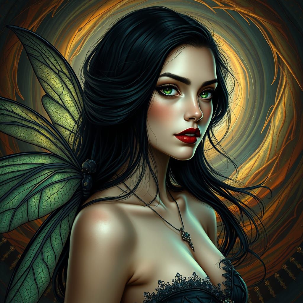 Ethereal Woman with Dragonfly Wings in Art Nouveau Style