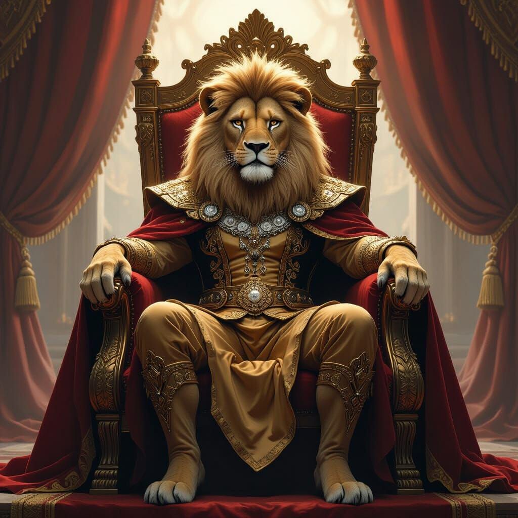 Regal Lion on Throne in Ornate Attire
