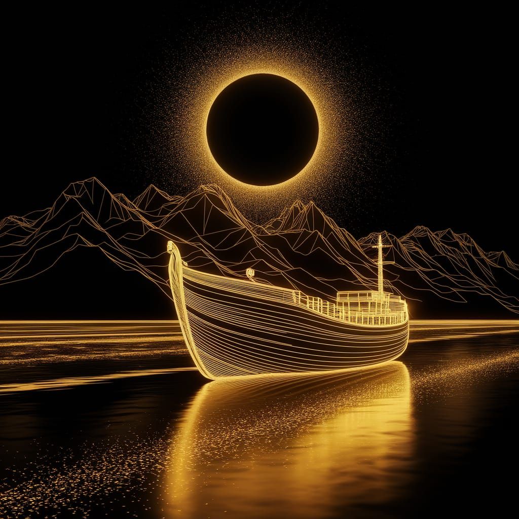 Golden Ship on Reflective Beach in Chiaroscuro Style