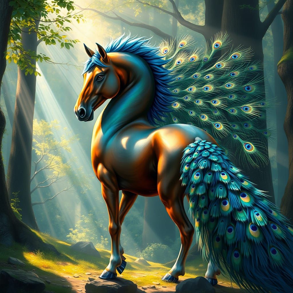 Majestic Horse-Peacock Hybrid in Enchanted Forest