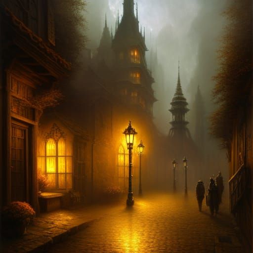Medieval Alley at Night: Ethereal Fantasy Painting