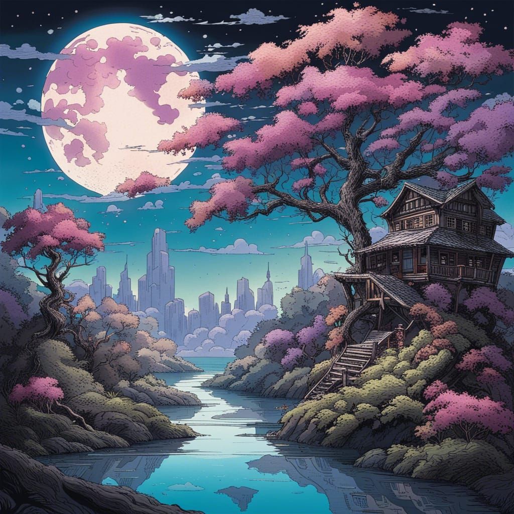 Magical Cabin Under Purple Moon in Cartoon Style