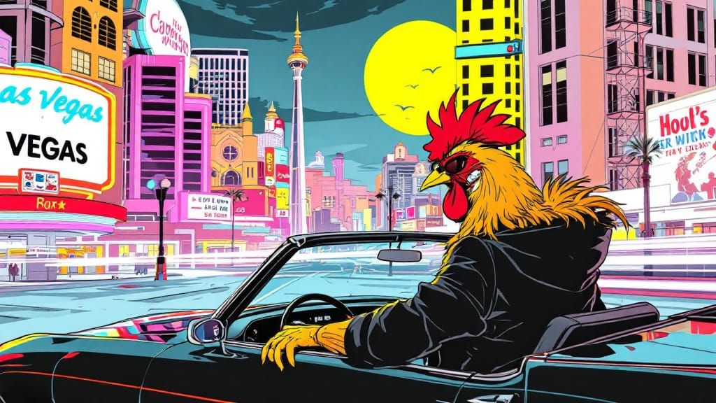 Rooster Drives Vegas Strip in Retro-Futurist Cityscape