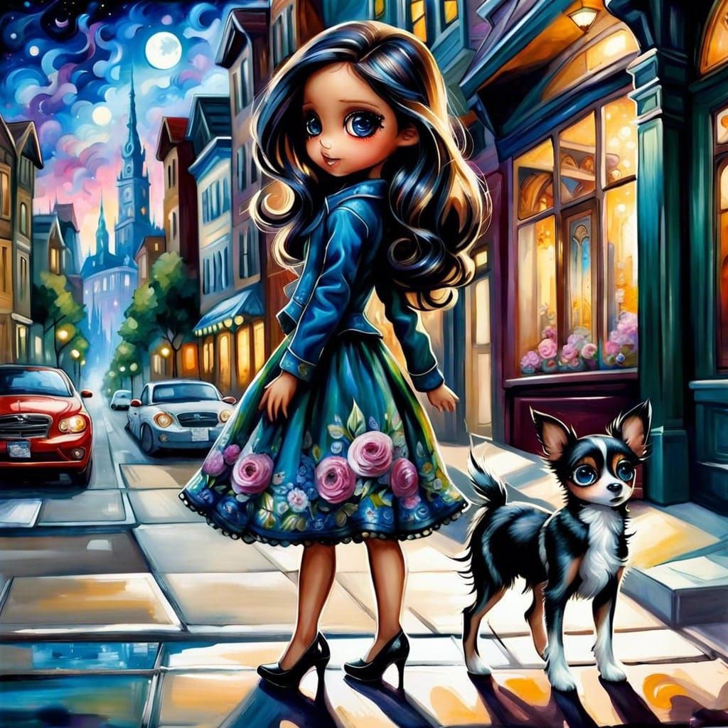 Anime Girl Walking Dog, Impasto Style
