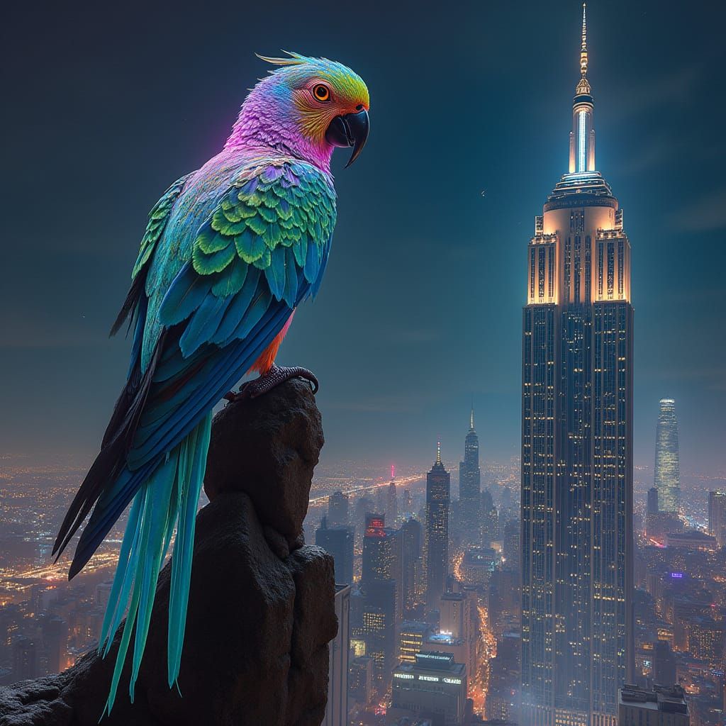 Bioluminescent Parrot Perched on Chrome Skyscraper in Futuri...