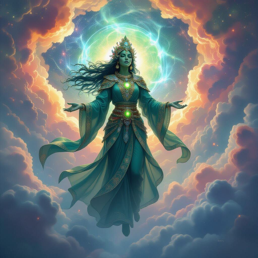 Mystical Peridot Floating in Cosmic Clouds, Holographic Illu...