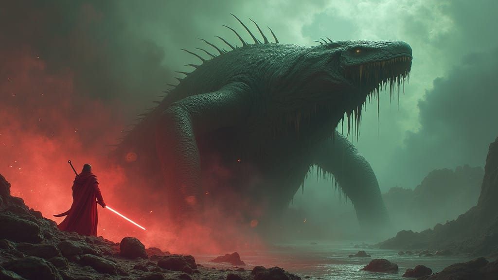 Dark Sith Battles Cosmic Leviathan in Fiery Depths