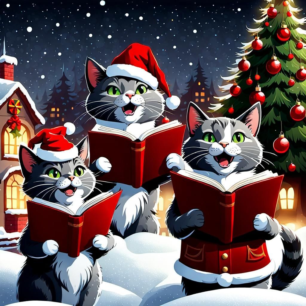 Christmas Cats Caroling in Vintage Cartoon Style