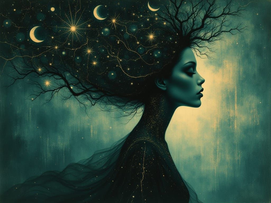 Surreal Woman with Starry Hair in Art Nouveau