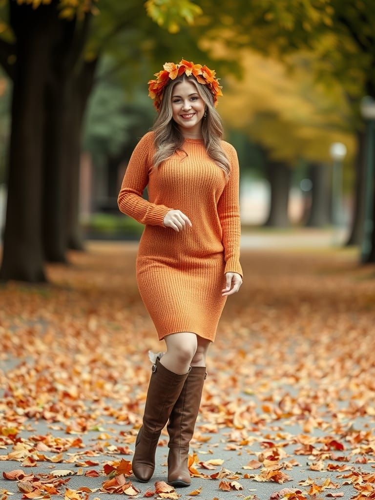 Woman in Autumnal Wreath and Orange Dress