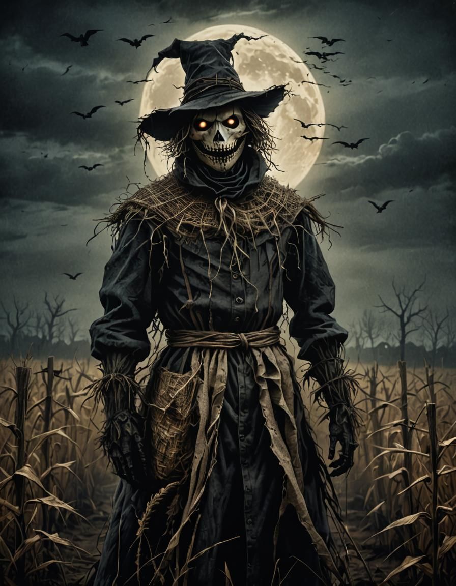 Nightmarish Scarecrow in Moonlit Field: Gothic Illustration