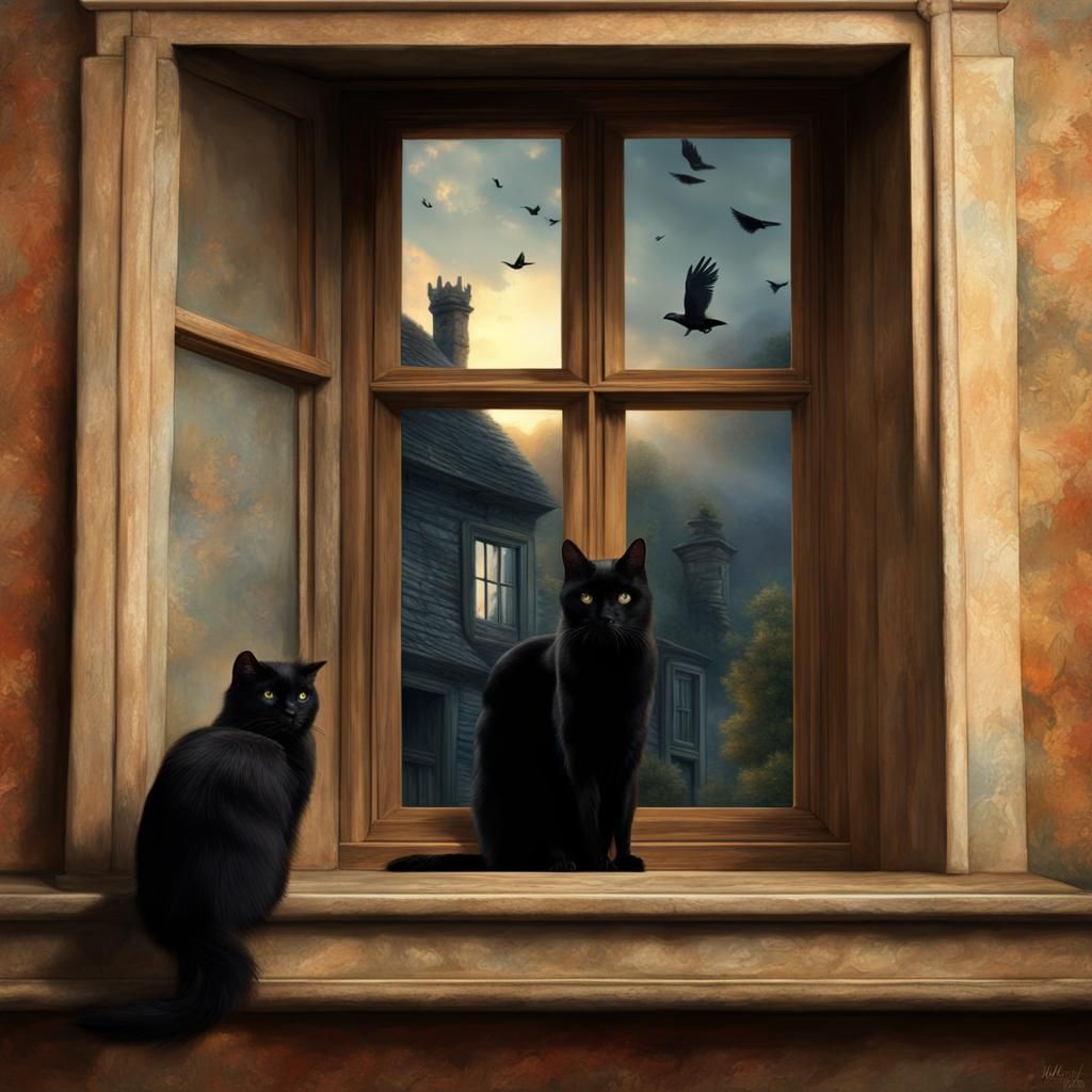 Black Cat and Crow in Classical Painting Style
