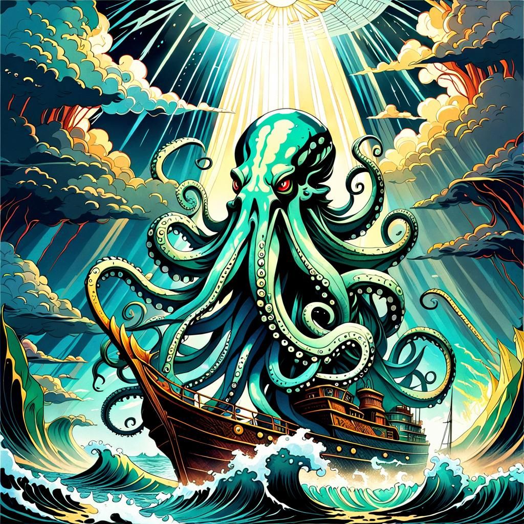 Kraken Emerges from Ocean: Anime Style, Vivid Colors