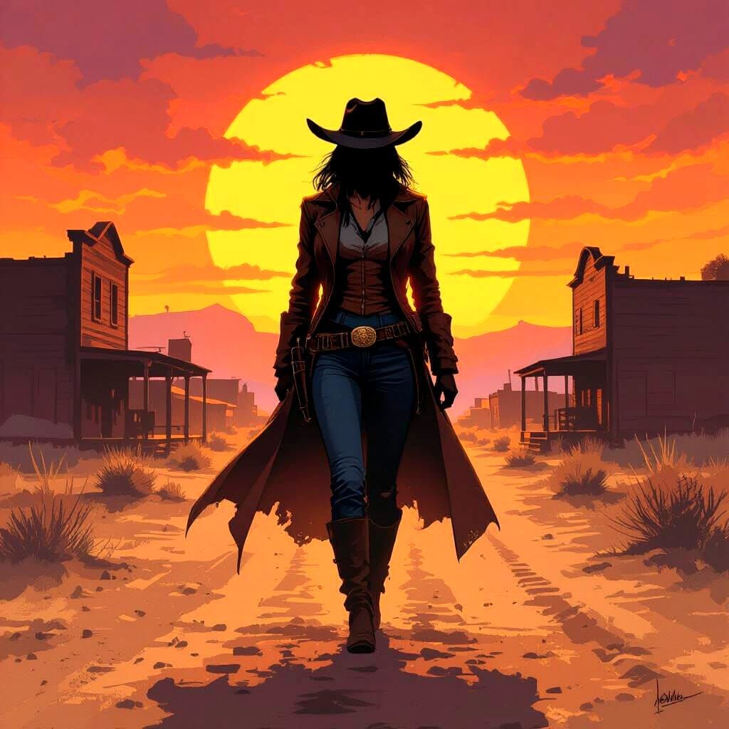 Female Sheriff Silhouette at Sunset in Comic Art Style