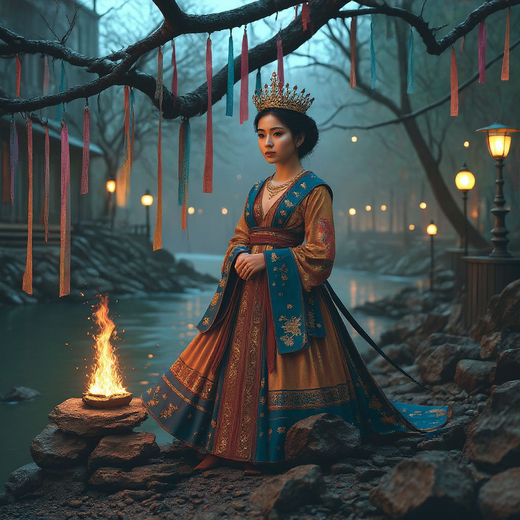 Elegant Japanese Queen Crone on Riverbank