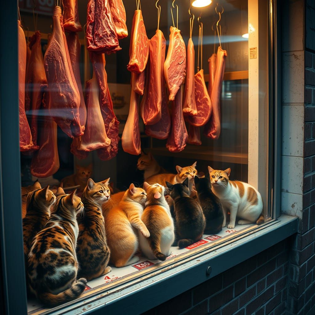 Cats Gather Around a Butcher's Display in a Fanciful Scene