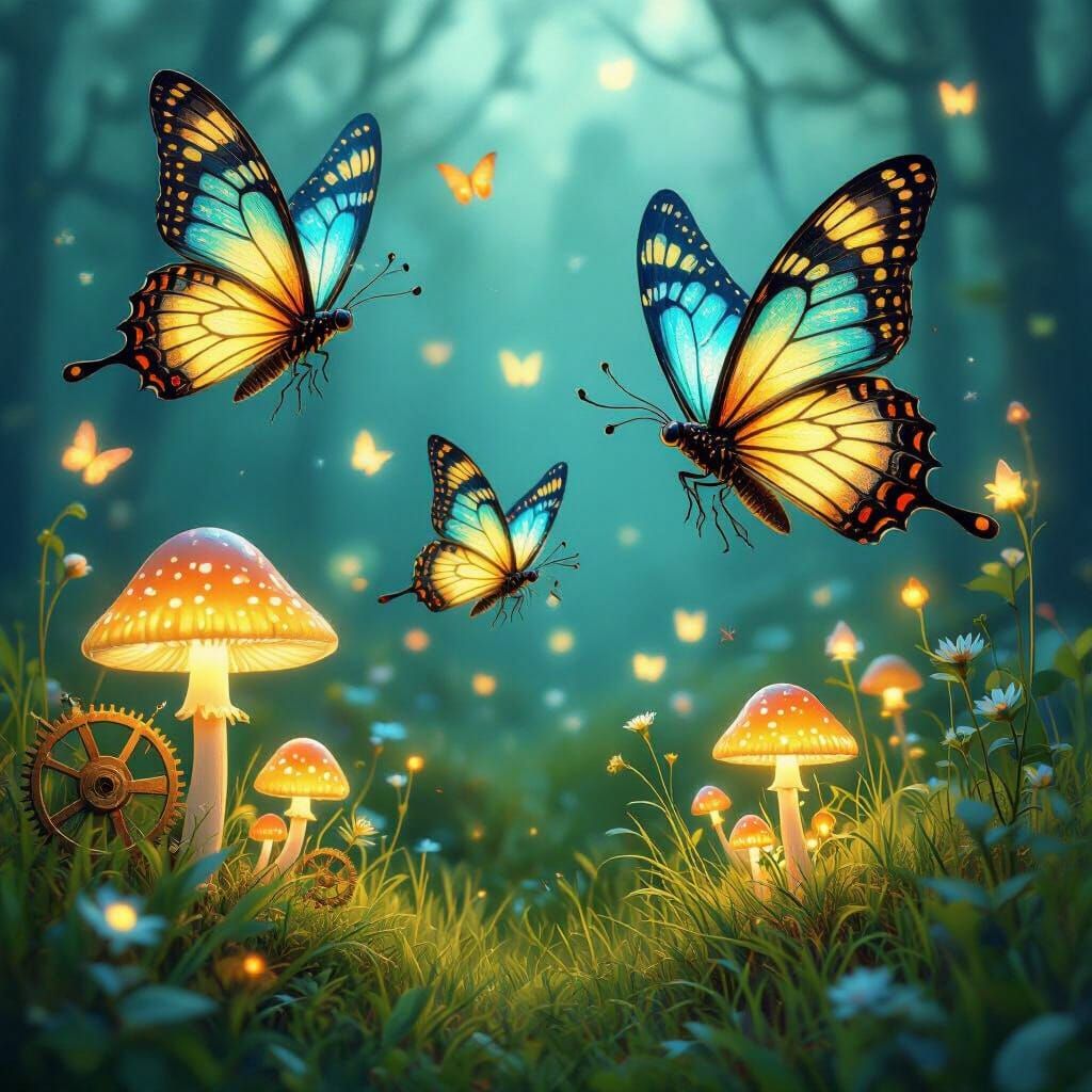 Steampunk Meadow: Clockwork Butterflies and Glowing Mushroom...