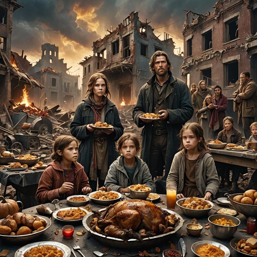 Apocalyptic Thanksgiving: Family in War-Torn Cityscape