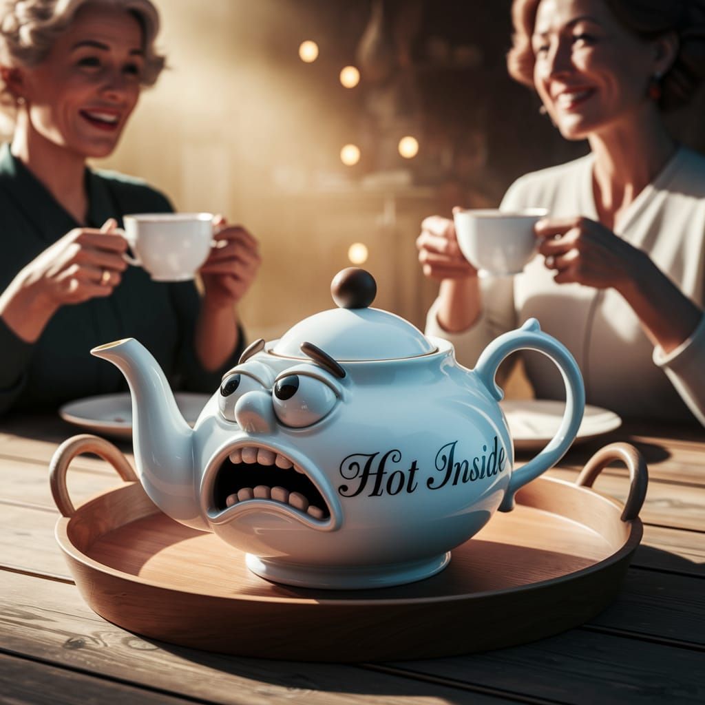 Terrified Teapot in Whimsical Storybook Scene