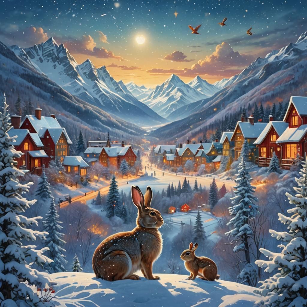 Blue Rabbit and Friends Enjoy Winter Snowfall