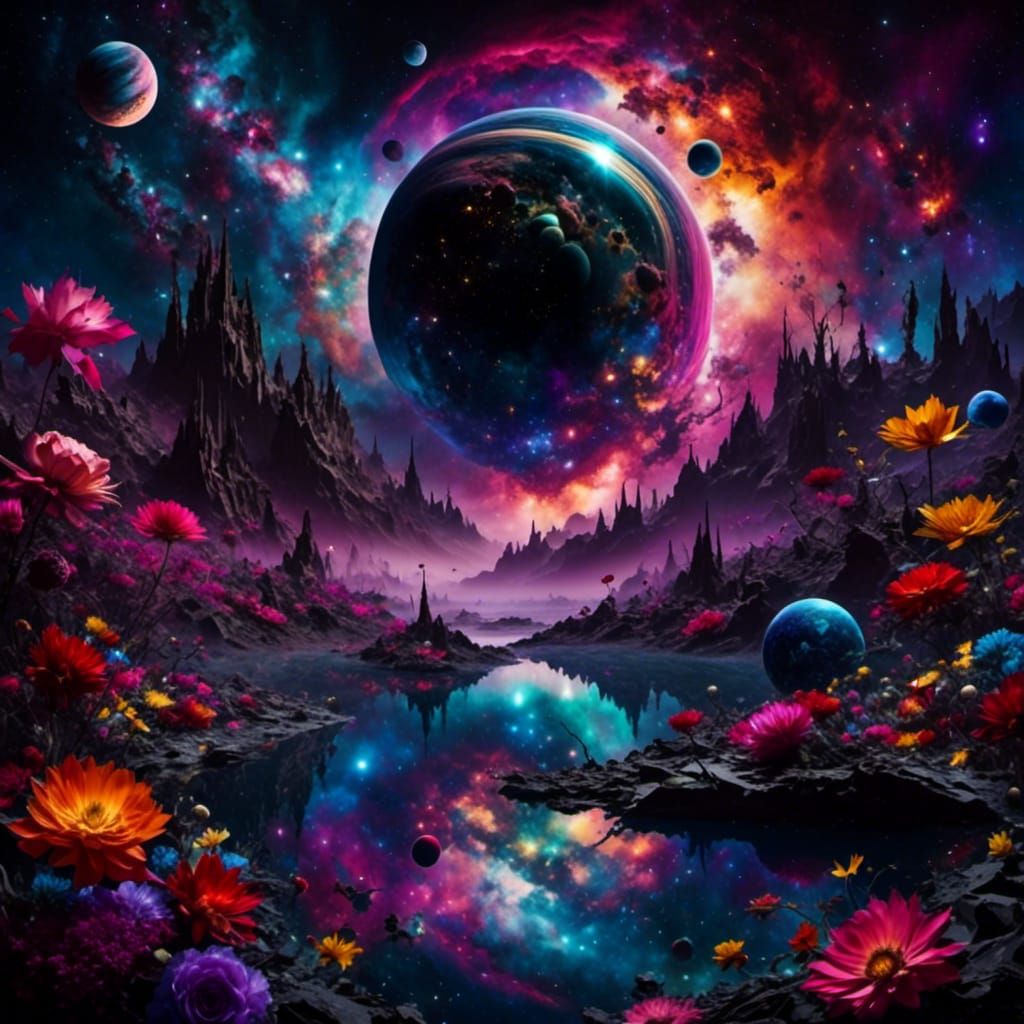 Ringed Black Planet with Nebulae and Cosmic Flowers