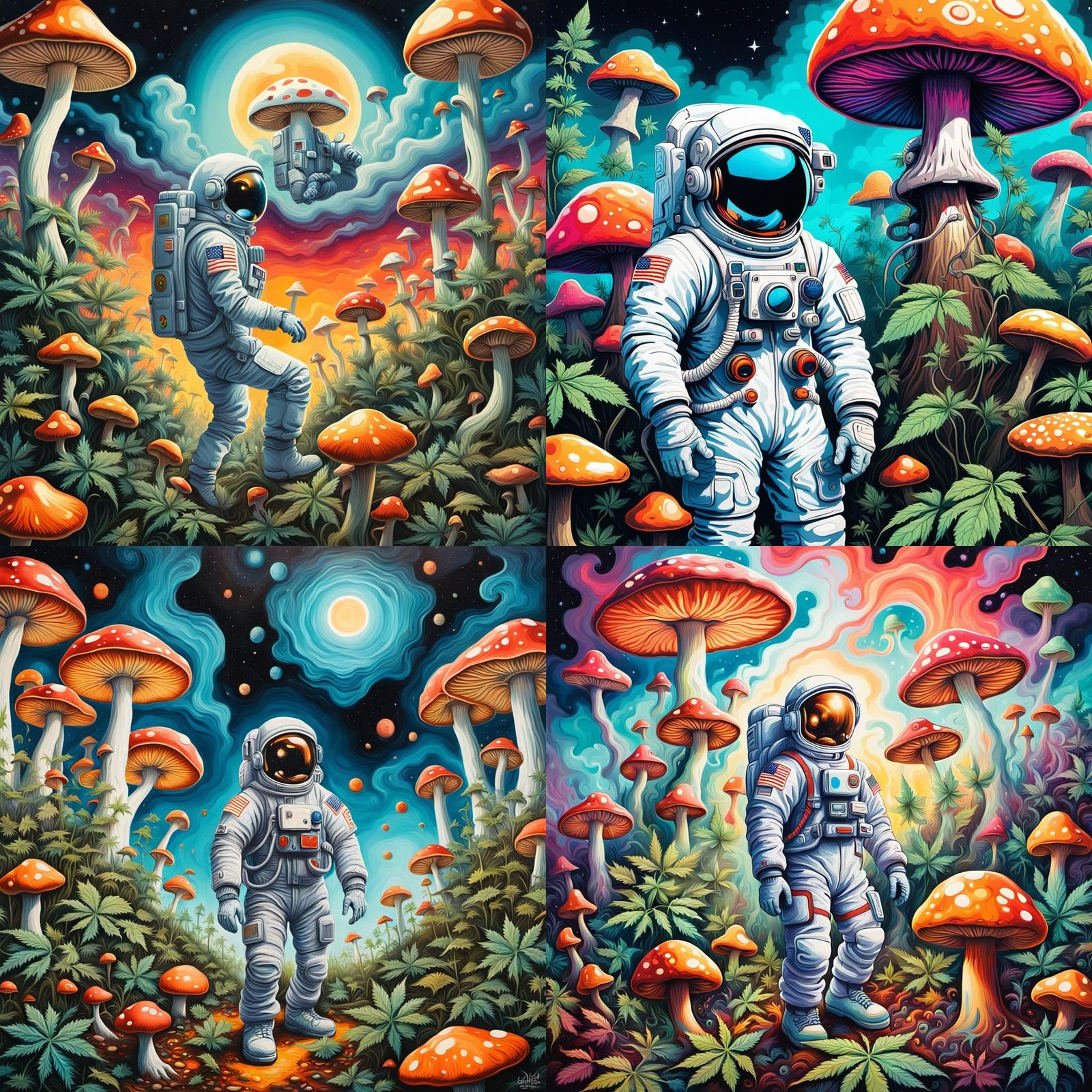 Psychedelic Astronaut in Mushroom Field: Graffiti Art