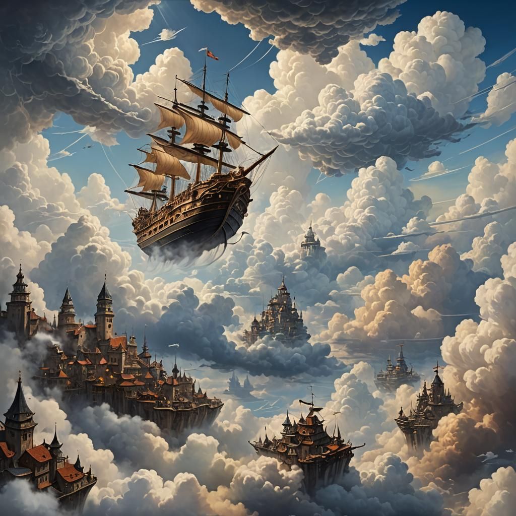 Fantastical Sky City Sailing Through Clouds