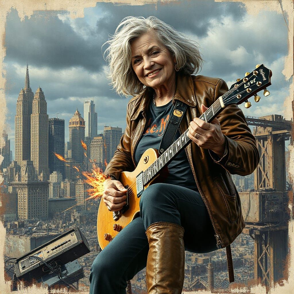 Cyberpunk Granny Shreds in Post-Apocalyptic Concert