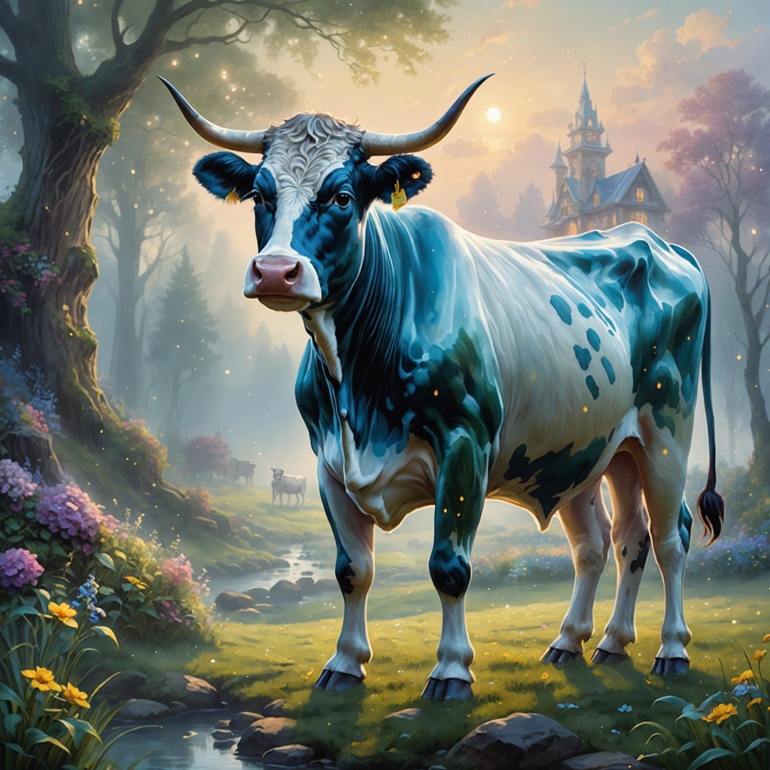 Ethereal Glass Cow in a Detailed Fantasy Landscape