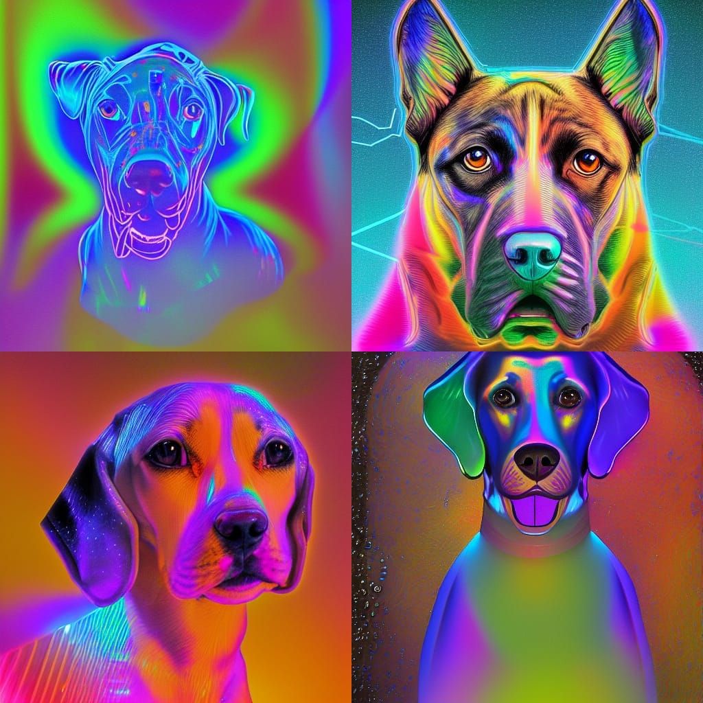 Holographic Astral Dogs in Mixed Media Style