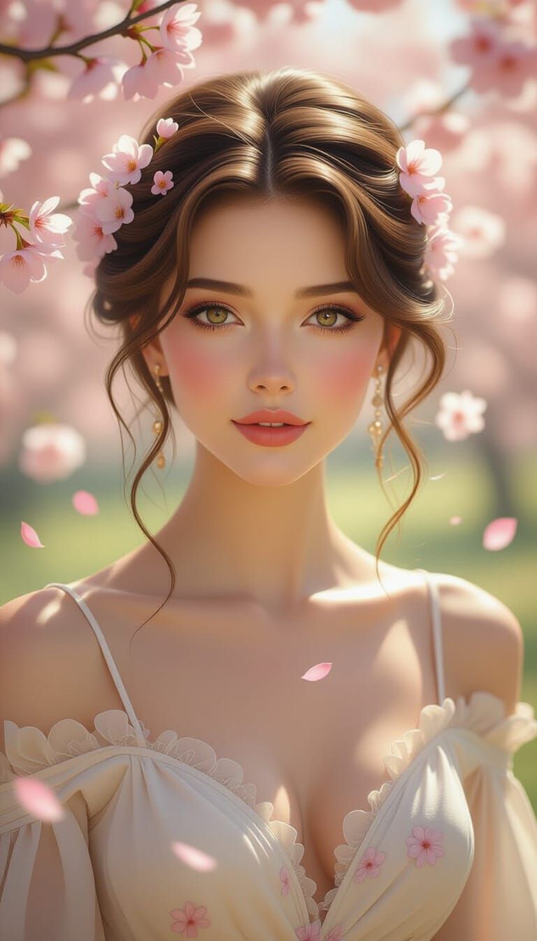 Serene Auburn Haired Woman in Sun-Dappled Grove