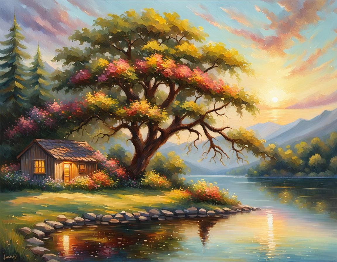 Luminous Tree by Lake: An Impasto Oil Painting