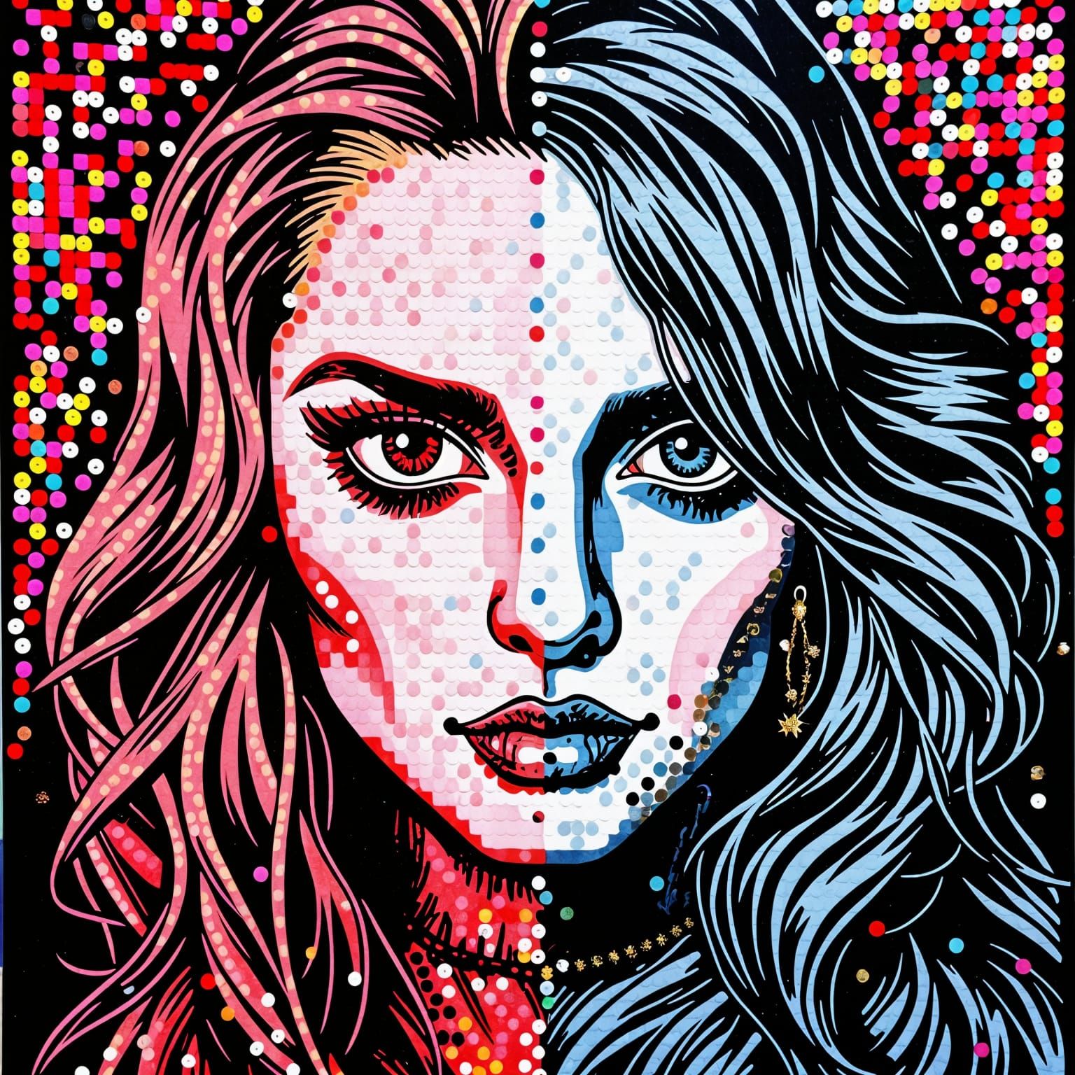 Surreal Sequin Portrait with Acid Blotter Patterns