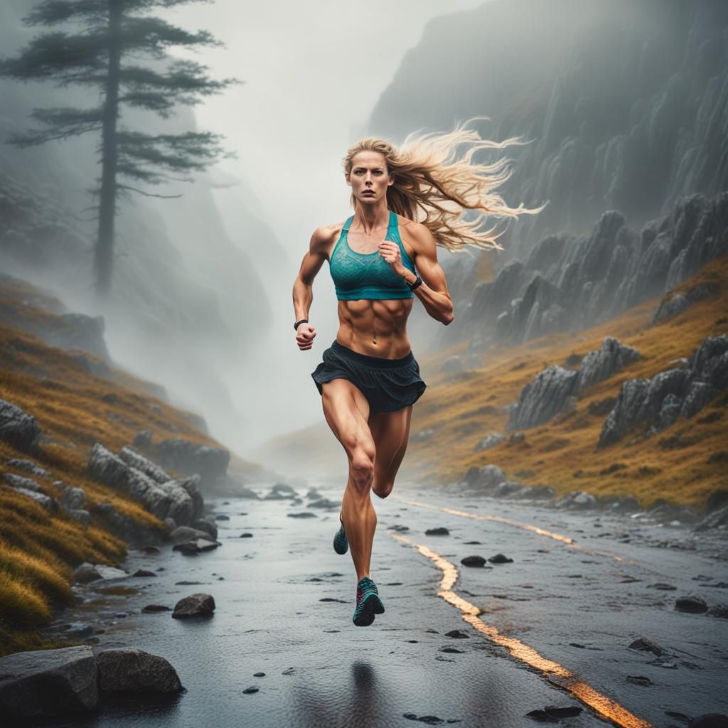 Hyperrealistic Woman Runner in Scottish Highlands