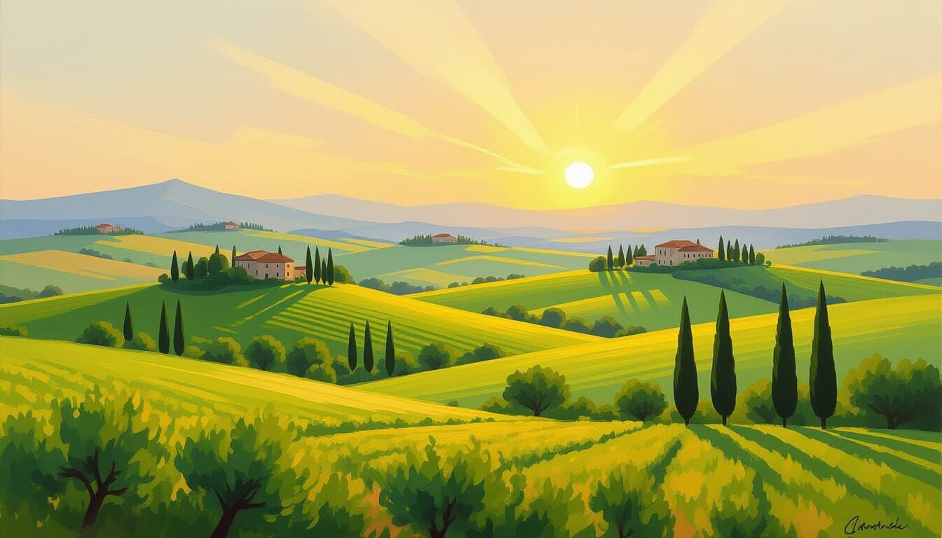 Golden Hour Tuscan Hills Landscape Painting