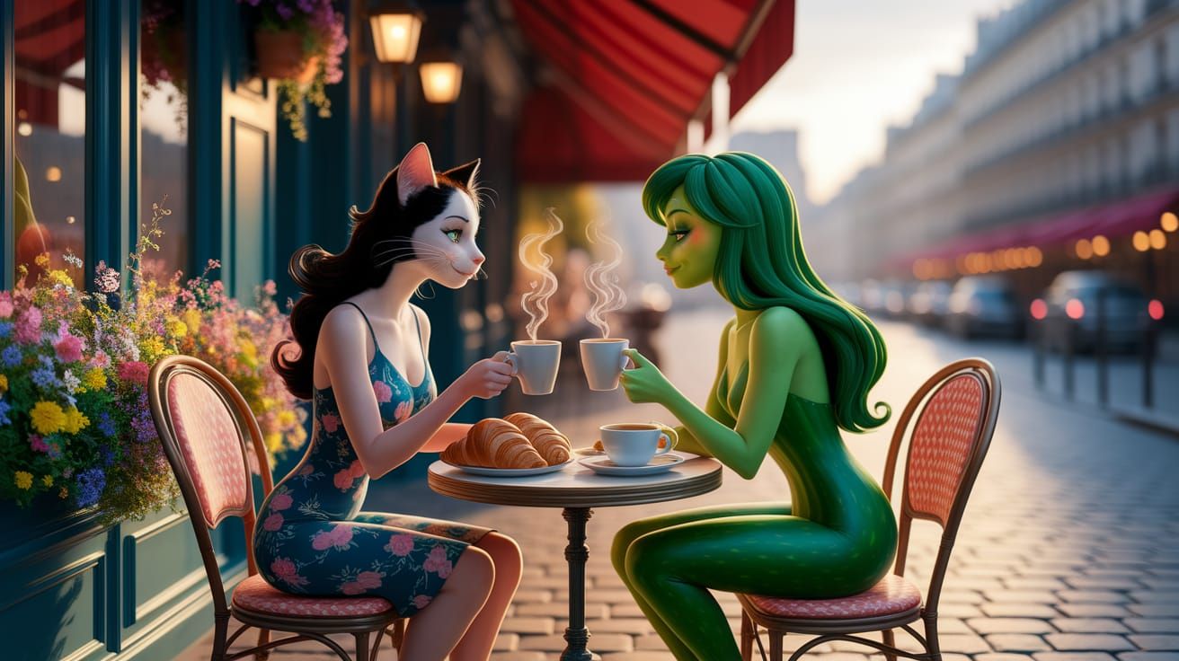 Calico Cat and Cucumber Women Enjoy Brunch