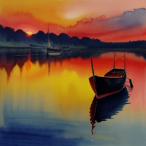 Sunset River Reflection in Watercolour Painting